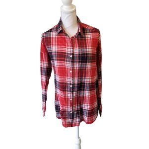 Old Navy Womens Red Plaid Boyfriend Shirt M Long Sleeve Cotton Blend Comfortable